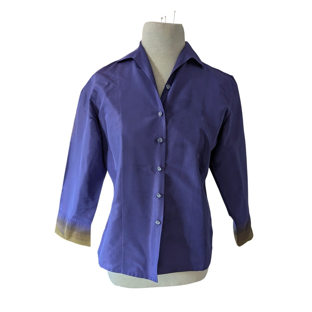 READ Ann Taylor LOFT Purple 100% Silk Button Down Shirt 2 3/4 Sleeve Minimalist